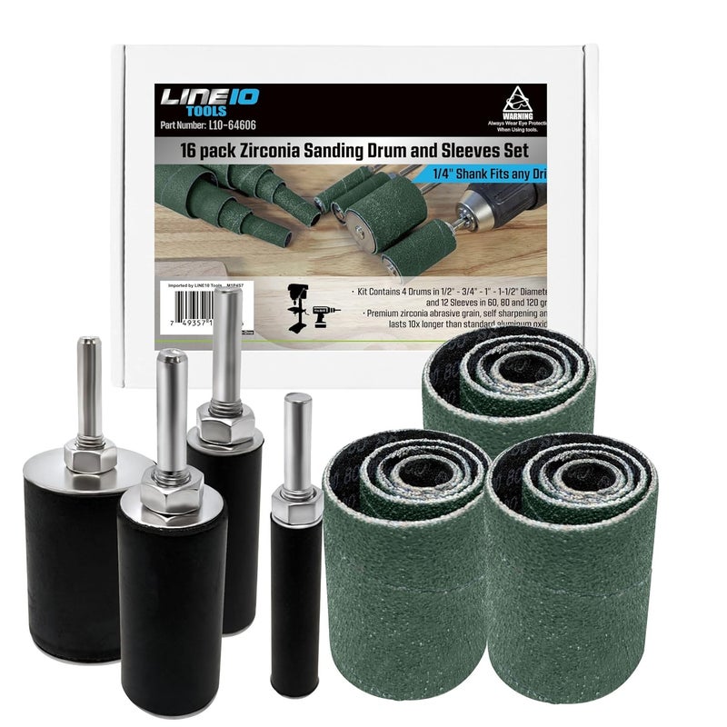 LINE10 Tools 16pk Zirconia Sanding Drum and Sleeves Set, Spindle Sander Attachment for Drill and Drill-Press, Die-Grinder, 2-inch Extra Long Surface, Ideal for Knife Making, Works on Stainless Steel - Image 1
